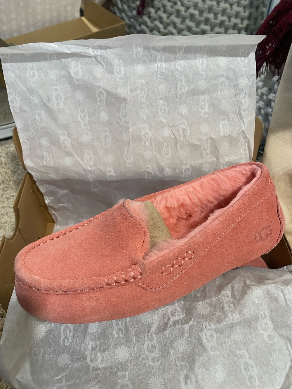 UGG Women’s Coral Pink Suede Moccasin Slippers - Picture 2 of 7